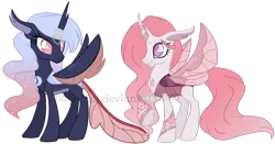Size: 1732x905 | Tagged: artist:ipandacakes, changedling, changeling, changepony, derpibooru import, female, hybrid, oc, oc:cycnia roselight, oc:diaphora moonglow, offspring, parent:pharynx, parent:princess celestia, parent:princess luna, parents:lunarynx, parents:thoralestia, parent:thorax, safe, simple background, transparent background, unofficial characters only