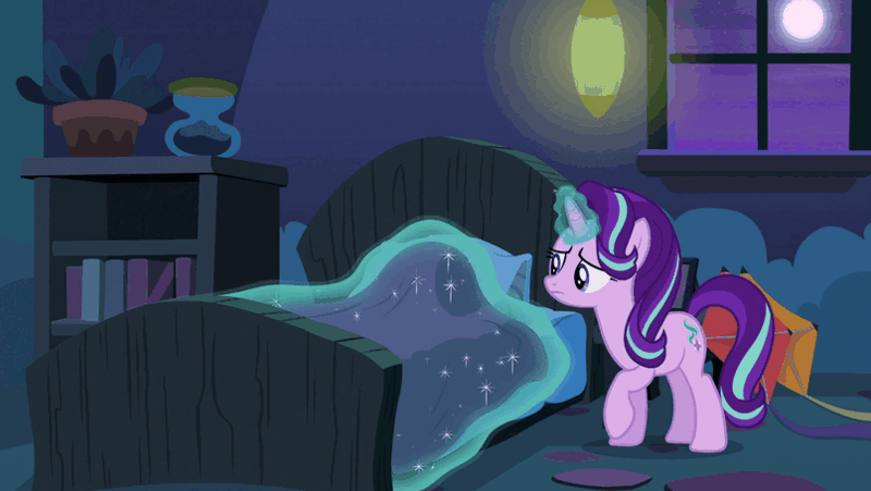 Size: 806x454 | Tagged: safe, derpibooru import, screencap, starlight glimmer, pony, unicorn, to where and back again, animated, bed, female, glowing horn, hourglass, kite, levitation, magic, magic aura, mare, night, solo, starlight's room, telekinesis, that pony sure does love kites