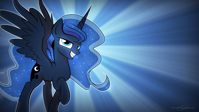 Size: 1920x1080 | Tagged: safe, artist:amorecadenza, artist:kp-shadowsquirrel, artist:nsaiuvqart, derpibooru import, edit, princess luna, alicorn, pony, ethereal mane, raised hoof, signature, smiling, solo, starry mane, sunburst background, vector, wallpaper, wallpaper edit