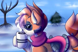 Size: 1278x855 | Tagged: safe, artist:kittyliladoptshop, derpibooru import, oc, oc:kiva, unofficial characters only, pony, robot, robot pony, chocolate, clothes, female, food, hot chocolate, scarf, solo, winter