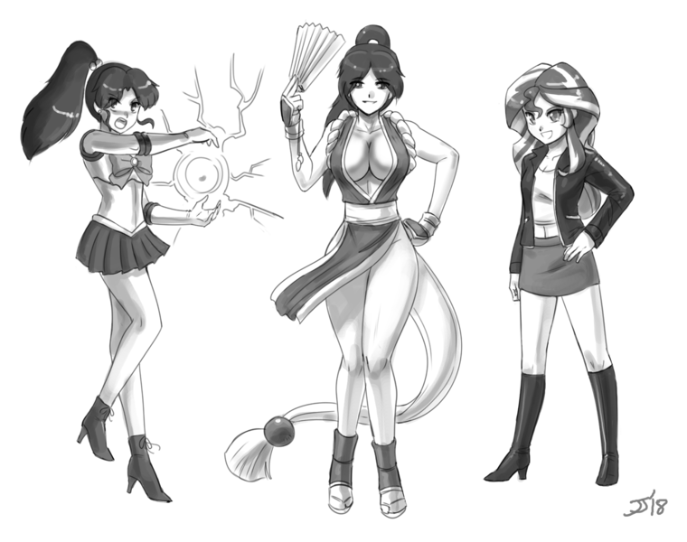 Size: 2000x1578 | Tagged: safe, artist:johnjoseco, derpibooru import, sunset shimmer, equestria girls, ami koshimizu, breasts, crossover, fatal fury, grayscale, king of fighters, kino makoto, mai shiranui, monochrome, sailor jupiter, sailor moon, voice actor joke