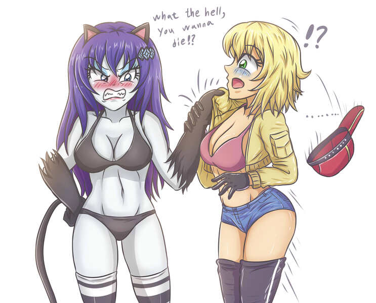 Size: 3070x2480 | Tagged: semi-grimdark, suggestive, artist:sumin6301, derpibooru import, applejack, rarity, equestria girls, angry, breasts, busty applejack, busty rarity, cap, cat ears, cat tail, catsuit, cindy aurum, cleavage, clothes, cosplay, costume, dialogue, female, females only, final fantasy, final fantasy xv, hat, lesbian, open mouth, raricat, rarijack, shipping, shorts, this will end in pain, this will not end well