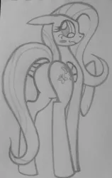 Size: 1217x1920 | Tagged: suggestive, artist:poorlydrawnpony, derpibooru import, fluttershy, pegasus, pony, blushing, featureless crotch, flutterbutt, looking at you, looking back, monochrome, plot, solo, traditional art