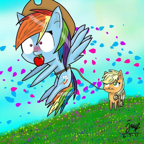 Size: 1080x1080 | Tagged: safe, artist:creepyponeh, derpibooru import, applejack, rainbow dash, earth pony, pegasus, pony, accessory swap, apple, appledash, blushing, cowboy hat, female, food, hat, lasso, lesbian, mare, mouth hold, petals, rope, shipping, stetson