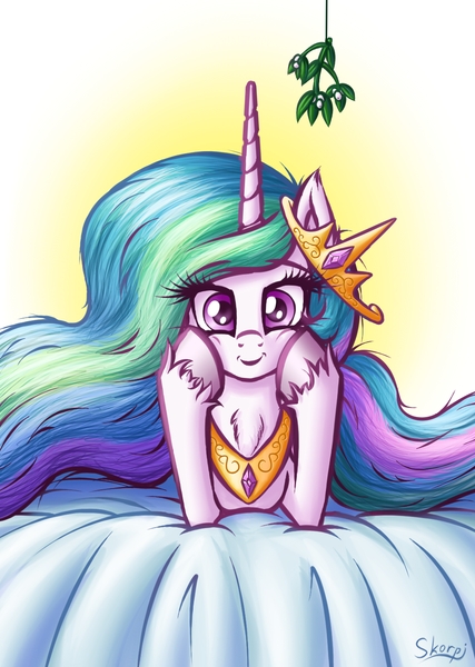 Size: 1032x1451 | Tagged: safe, artist:skorpionletun, derpibooru import, princess celestia, alicorn, pony, :i, bed, chest fluff, crown, cute, cutelestia, ear fluff, ethereal mane, ethereal tail, female, flowing mane, flowing tail, gradient background, hair, hooves on cheeks, horn, jewelry, leaning, looking at you, mare, messy mane, mistletoe, multicolored mane, multicolored tail, necklace, peytral, praise the sun, prone, purple eyes, regalia, royalty, smiling, solo, squishy cheeks, unshorn fetlocks