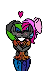 Size: 1799x2813 | Tagged: safe, artist:binary6, derpibooru import, oc, oc:electric clover, unofficial characters only, anthro, blushing, bow, clothes, cute, dark grey coat, digital art, female, glasses, heart, hug, kissing, love, male, oc x oc, scarf, shipping, simple background, straight, transgender, trans girl, transparent background