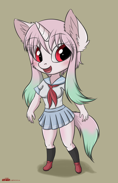 Size: 1240x1917 | Tagged: safe, artist:orang111, derpibooru import, oc, oc:reverie, unofficial characters only, anthro, unicorn, clothes, school uniform, standing