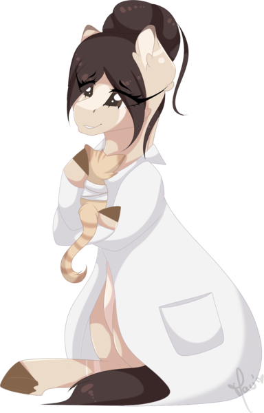 Size: 1160x1812 | Tagged: safe, artist:mauuwde, derpibooru import, oc, oc:maude, unofficial characters only, cat, earth pony, pony, alternate hairstyle, clothes, female, lab coat, mare, simple background, sitting, solo, transparent background