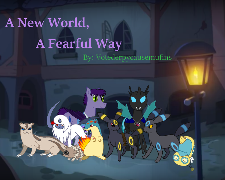 Size: 1250x1000 | Tagged: safe, artist:votederpycausemufins, derpibooru import, oc, absol, bat pony, changeling, dunsparce, linoone, quilava, umbreon, zigzagoon, fanfic, bat pony oc, crossover, fanfic art, fanfic cover, lamppost, pokémon