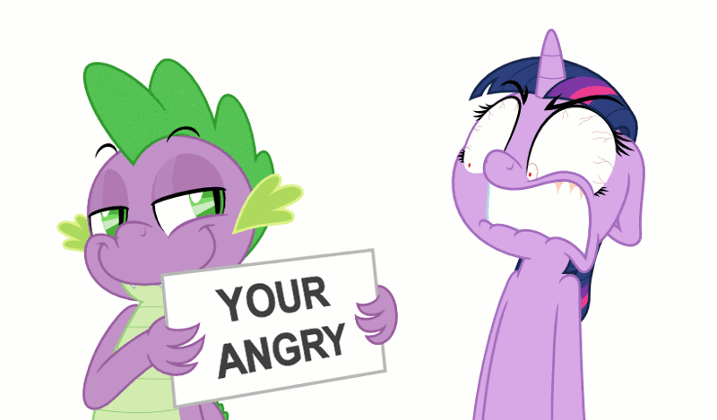 Size: 818x480 | Tagged: safe, artist:zutheskunk edits, derpibooru import, spike, twilight sparkle, dragon, pony, unicorn, :i, angry, animated, duo, eye contact, eyebrow wiggle, female, floppy ears, frown, funny, funny as hell, gif, glare, grammar error, grammar nazi, lidded eyes, lip bite, looking at each other, mare, meme, misspelling of you're, pure unfiltered evil, red eyes, red eyes take warning, seizure warning, shaking, shrunken pupils, simple background, smiling, smirk, smug, this will end in pain, this will end in pain and/or death, triggered, trolling, vibrating, white background, wide eyes, you're