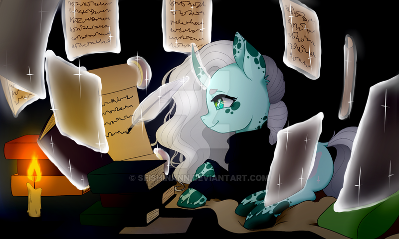 Size: 1024x614 | Tagged: safe, artist:seishinann, derpibooru import, oc, oc:essay, unofficial characters only, pony, unicorn, black background, book, candle, clothes, female, levitation, lying down, magic, mare, parchment, quill, simple background, solo, sweater, telekinesis, unshorn fetlocks, watermark