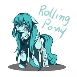 Size: 3000x3000 | Tagged: safe, artist:seishinann, derpibooru import, ponified, pegasus, pony, bandage, female, floppy ears, hatsune miku, long mane, looking at you, mare, pigtails, raised hoof, rolling girl, scuff mark, signature, simple background, solo, sweater vest, twintails, vocaloid, white background