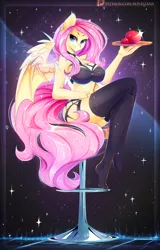 Size: 2500x3900 | Tagged: suggestive, artist:koveliana, derpibooru import, fluttershy, anthro, bat pony, apple, bedroom eyes, breasts, busty fluttershy, clothes, female, flutterbat, food, lingerie, mare, patreon, patreon logo, race swap, signature, sitting, smiling, solo, solo female, stupid sexy flutterbat