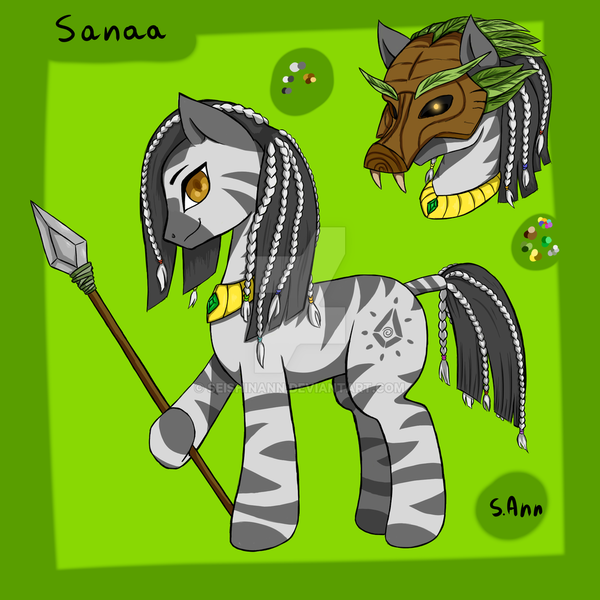 Size: 1024x1024 | Tagged: artist:seishinann, derpibooru import, female, green background, hoof hold, jewelry, mask, necklace, oc, oc:sanaa, reference sheet, safe, signature, simple background, solo, spear, unofficial characters only, watermark, weapon, zebra, zebra oc