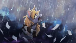 Size: 1920x1080 | Tagged: safe, artist:hierozaki, derpibooru import, oc, oc:paperdrop, unofficial characters only, pony, clothes, crying, male, open mouth, paper, rain, sad, scarf, solo, stallion