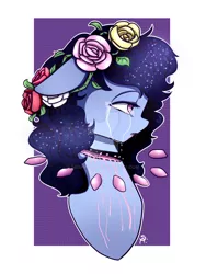 Size: 1024x1365 | Tagged: semi-grimdark, artist:seishinann, derpibooru import, oc, oc:rosy eyes, unofficial characters only, earth pony, pony, candy gore, choker, crying, female, floppy ears, floral head wreath, flower, flower in hair, gore, mare, signature, simple background, solo, watermark