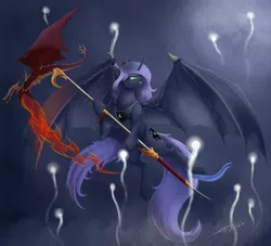 Size: 3300x3000 | Tagged: safe, artist:skitsniga, derpibooru import, princess luna, bat wings, flying, solo, spear, warrior luna, weapon