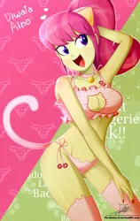 Size: 1595x2527 | Tagged: suggestive, artist:the-butch-x, derpibooru import, diwata aino, equestria girls, armpits, background human, bell, bell collar, belly button, blushing, boob window, bra, breasts, busty diwata aino, butch's shadow cat lingerie, cat bell, cat ears, cat keyhole bra set, cat lingerie, cat tail, cleavage, clothes, collar, crop top bra, fangs, female, frilly underwear, heart, lingerie, looking at you, nail polish, open mouth, panties, pink underwear, sexy, shadowcat lingerie, side knot underwear, smiling, socks, solo, solo female, stockings, stupid sexy diwata aino, thigh highs, underwear