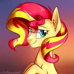 Size: 800x800 | Tagged: artist:bluekazenate, bust, derpibooru import, portrait, safe, smiling, solo, sunset shimmer, watermark