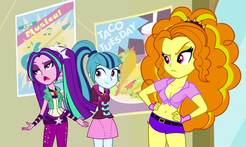 Size: 1193x714 | Tagged: suggestive, derpibooru import, edit, edited edit, edited screencap, editor:ah96, editor:slayerbvc, screencap, adagio dazzle, aria blaze, sonata dusk, equestria girls, rainbow rocks, belly button, braless, breasts, cleavage, clothes, front knot midriff, gem, midriff, shorts, siren gem, the dazzlings