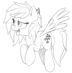 Size: 2140x2163 | Tagged: safe, artist:felsette, derpibooru import, oc, oc:quick trip, unofficial characters only, pegasus, pony, female, flying, lidded eyes, monochrome, simple background, solo, tongue out, white background