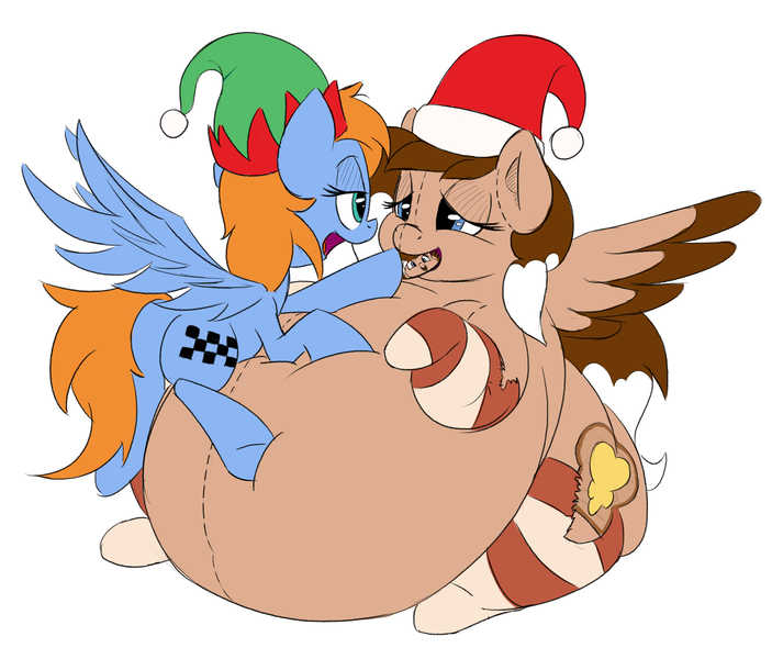 Size: 2344x2000 | Tagged: artist:felsette, bedroom eyes, belly, belly bed, christmas, clothes, cookie, derpibooru import, duo, duo female, elf hat, fat, feeding, female, food, hat, holiday, impossibly large belly, oc, oc:cinnamon toast, oc:quick trip, original species, plush pony, santa hat, socks, spread wings, striped socks, stuffed, stuffing, suggestive, torn clothes, unofficial characters only, wings
