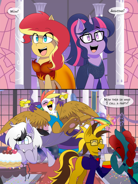 Size: 1320x1760 | Tagged: safe, artist:jase1505, deleted from derpibooru, derpibooru import, sci-twi, sunset shimmer, twilight sparkle, oc, oc:rainbow feather, ponified, bat pony, hippogriff, pony, comic:night at the gala, series:sunlight horizons, bat pony oc, clothes, comic, dress, equestria girls ponified, female, gala dress, grand galloping gala, griffon oc, interspecies offspring, lesbian, magical lesbian spawn, mare, offspring, parent:gilda, parent:rainbow dash, parents:gildash, party, paws, rainbow hair, scitwishimmer, shipping, smiling, sunsetsparkle, underpaw, unicorn sci-twi