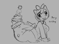 Size: 1024x768 | Tagged: artist:mt, christmas, christmas tree, clothes, derpibooru import, female, holiday, monochrome, oc, oc:snap, offspring, parent:crackle, safe, satyr, solo, sweater, tree, unofficial characters only