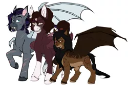 Size: 2344x1563 | Tagged: safe, artist:blackblood-queen, artist:theecchiqueen, deleted from derpibooru, derpibooru import, oc, oc:lafayette roseheart, oc:octavus, oc:orpheus, unofficial characters only, bat pony, pony, bat pony oc, ear piercing, fangs, guards of the heart, male, piercing, polyamory, scar, simple background, size difference, smiling, stallion