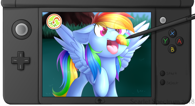 Size: 1427x774 | Tagged: safe, artist:scarlet-spectrum, derpibooru import, rainbow dash, pegasus, pony, 3ds, cute, dashabetes, eye clipping through hair, feeding, female, heart, mare, new 3ds, nintendo ds, open mouth, pokemon refresh, pokémon, pokémon sun and moon, rainbow bean, raised hoof, solo, spread wings, stylus, tongue out, wings