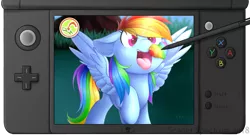 Size: 1427x774 | Tagged: safe, artist:scarlet-spectrum, derpibooru import, rainbow dash, pegasus, pony, 3ds, cute, dashabetes, eye clipping through hair, feeding, female, heart, mare, new 3ds, nintendo ds, open mouth, pokemon refresh, pokémon, pokémon sun and moon, rainbow bean, raised hoof, solo, spread wings, stylus, tongue out, wings