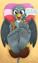 Size: 611x1018 | Tagged: adorasexy, anthro, artist:caroo, barefoot, blushing, cute, derpibooru import, feet, feet up, female, fetish, foot fetish, foot focus, foot tease, gabby, imminent tickles, looking at you, older gabby, on back, plantigrade anthro, sexy, soles, solo, solo female, suggestive