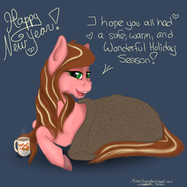 Size: 900x900 | Tagged: safe, artist:littlewolfstudios, derpibooru import, oc, oc:mistress foxxie hearts, unofficial characters only, earth pony, pony, blanket, blog, coffee, cute, domme, female, happy new year, head turned, holiday, lying down, mare, mug, prone, solo