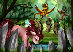 Size: 3550x2509 | Tagged: safe, artist:pridark, derpibooru import, oc, oc:grit, oc:jaeger sylva, oc:sorrel swoop, oc:vale sylva, unofficial characters only, dragon, earth pony, fairy, pegasus, pony, commission, crepuscular rays, flying, forest, open mouth, pond, scenery, water