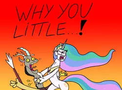 Size: 1211x901 | Tagged: semi-grimdark, artist:banebuster, derpibooru import, discord, princess celestia, alicorn, draconequus, pony, a worse ending for discord, abuse, angry, derp, discordabuse, female, gradient background, male, mare, reference, strangling, the simpsons, tongue out, vein bulge, why you little