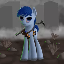 Size: 1600x1600 | Tagged: safe, artist:titan2955, derpibooru import, oc, oc:p-21, unofficial characters only, earth pony, pony, fallout equestria, fallout equestria: project horizons, city, gun, male, solo, stallion, wasteland, weapon