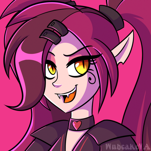 Size: 900x900 | Tagged: safe, artist:wubcakeva, derpibooru import, oc, oc:scarlett, unofficial characters only, succubus, equestria girls, clothes, elf ears, fangs, female, slit eyes, smiling, solo