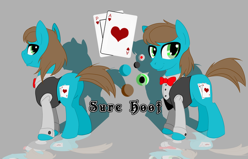 Size: 2650x1700 | Tagged: safe, artist:elmutanto, derpibooru import, oc, oc:sure hoof, unofficial characters only, earth pony, pony, bowtie, clothes, earth pony oc, male, playing card, reference sheet, shadow, story included, suit
