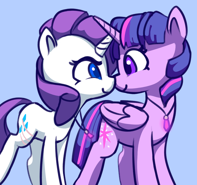 Size: 1279x1201 | Tagged: safe, artist:lilfunkman, derpibooru import, rarity, twilight sparkle, twilight sparkle (alicorn), alicorn, pony, unicorn, fanfic:the enchanted library, boop, cute, female, jewelry, lesbian, necklace, noseboop, raribetes, rarilight, scar, shipping, twiabetes