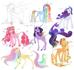 Size: 2000x1904 | Tagged: safe, artist:xenon, derpibooru import, applejack, fluttershy, pinkie pie, rainbow dash, rarity, twilight sparkle, twilight sparkle (alicorn), alicorn, pony, alicorn six, alicornified, applecorn, cloven hooves, colored hooves, cowboy hat, curved horn, ethereal mane, female, flower, flower in hair, fluttercorn, good end, harvest goddess, hat, leonine tail, mane six, mane six alicorns, mare, pinkiecorn, race swap, rainbowcorn, raised hoof, raricorn, simple background, smiling, starry mane, ultimate twilight, white background, xk-class end-of-the-world scenario