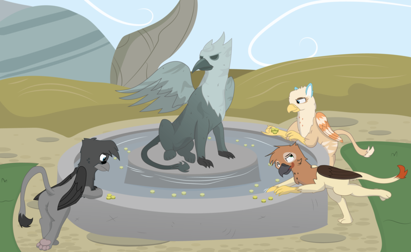 Size: 2807x1719 | Tagged: safe, artist:flicktransition, derpibooru import, oc, oc:arvid, oc:flick transition, oc:plume, unofficial characters only, gryphon, butt, coin, curse, greed, griffonstone, inanimate tf, magic, male, paws, petrification, plot, statue, transformation, trap (device), water