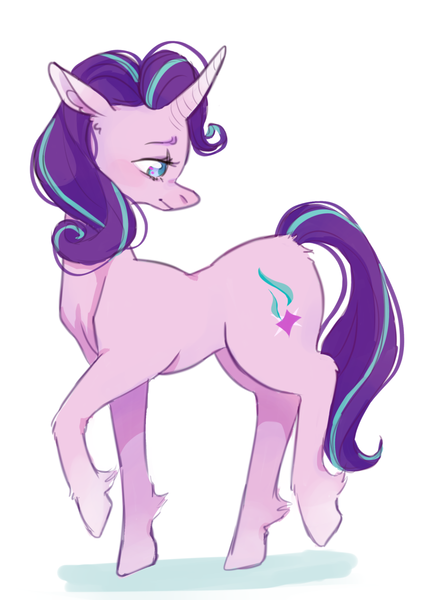 Size: 1024x1418 | Tagged: safe, artist:k9core, derpibooru import, starlight glimmer, pony, unicorn, female, floppy ears, frown, mare, raised hoof, sad, simple background, solo, unshorn fetlocks, white background