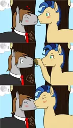 Size: 1176x2054 | Tagged: safe, alternate version, artist:wyntermoon, derpibooru import, oc, oc:brushed brew, oc:spunky way, unofficial characters only, blushing, clothes, cloud, comic, freckles, gay, heart, kissing, male, multicolored hair, necktie, oc x oc, shipping, spunkybrew, stallion, tree, tree carving, unshorn fetlocks