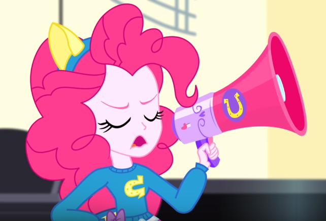 Size: 642x436 | Tagged: safe, derpibooru import, screencap, pinkie pie, eqg summertime shorts, equestria girls, steps of pep, eyes closed, female, megaphone, solo