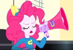 Size: 642x436 | Tagged: safe, derpibooru import, screencap, pinkie pie, eqg summertime shorts, equestria girls, steps of pep, eyes closed, female, megaphone, solo