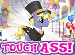 Size: 416x306 | Tagged: suggestive, derpibooru import, ponet, pony, unicorn, balloon, canterlot, caption, cart, clothes, cutie mark, expand dong, exploitable meme, gameloft, hat, horn, image macro, male, meme, solo, solo male, stallion, suit, top hat, vulgar, wow! glimmer