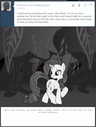 Size: 600x800 | Tagged: safe, artist:dekomaru, derpibooru import, rarity, pony, tumblr:ask twixie, ask, diamondstuck, everfree forest, forest, monochrome, solo, tumblr