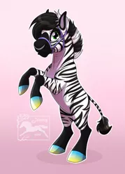Size: 914x1280 | Tagged: artist:jenery, barely pony related, bridle, colored hooves, derpibooru import, female, gradient background, nose piercing, nose ring, oc, oc:tartlet, piercing, quadrupedal, rearing, safe, solo, tack, unofficial characters only, watermark, zebra, zebra oc