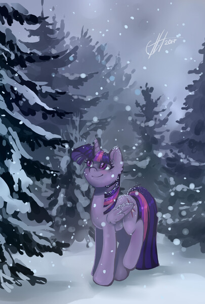Size: 2700x4000 | Tagged: safe, artist:xjenn9, derpibooru import, twilight sparkle, twilight sparkle (alicorn), alicorn, pony, featured image, female, folded wings, forest, image, jpeg, looking at something, looking up, mare, smiling, snow, snowfall, solo, winter