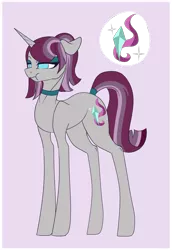 Size: 1529x2216 | Tagged: safe, artist:holoriot, derpibooru import, oc, oc:jinx, unofficial characters only, unicorn, choker, eyeshadow, female, magical lesbian spawn, makeup, mare, offspring, parent:maud pie, parent:starlight glimmer, parents:starmaud, purple background, simple background, solo